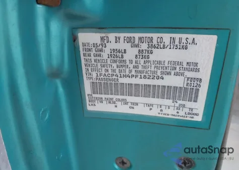 1993 Ford Mustang Lx из США, поврежденный, VIN 1FACP41M4PF182204